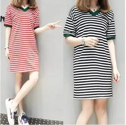 

Summer Large Size WOMEN'S Dress Summer Fat Mm Loose-Fit Slimming V-neck Stripes Mid-length Base Skirt