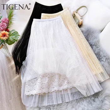 

TIGENA Hollow Out Lace Tulle Long Skirt Women Fashion 2020 Spring Summer Korean Cute A Line High Waist Pleated Skirt Female Lady