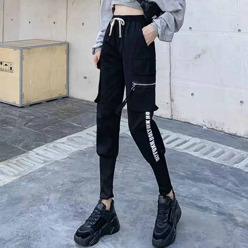 

Cool Zippers Hip Hop Black Cargo Pants Women Loose Casual Gothic Pants Trousers Drawstring Punk Sweatpants Capris Vrouw Broek