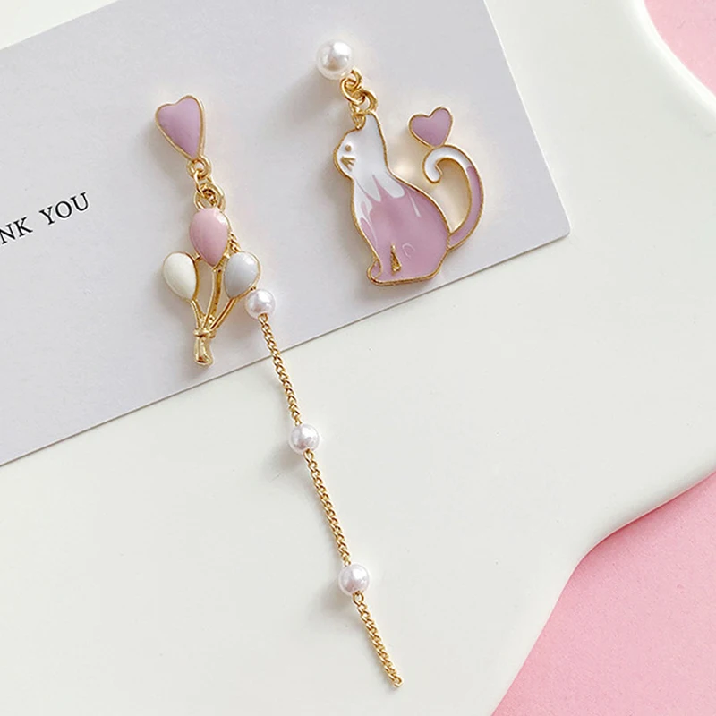 Korean Style Flower Cute Animal Dangle Earrings For Women Moon Stars Kitten Rabbit Balloon Asymmetric Earring Party Jewelry Gift