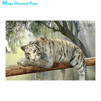 

White Tiger Sleeping on Tree Trunk Diamond Painting Round Full Drill Animal Nouveaute DIY Mosaic Embroidery 5D Cross Stitch Gift