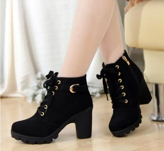 Womens High Heel Lace Up Ankle Leather Boots Ladies Buckle Platform Shoes US