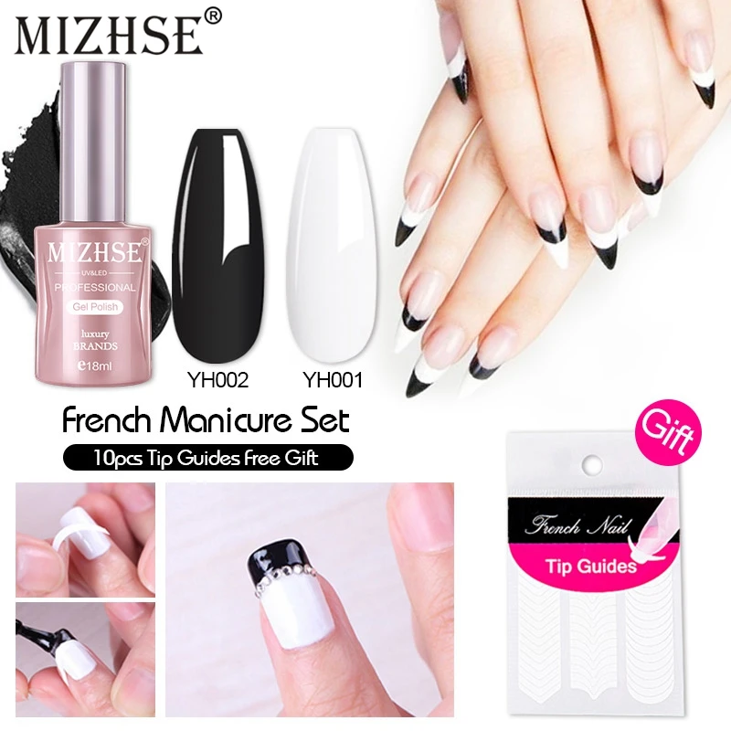 MIZHSE Black7 и белый цвет французский маникюрный набор наконечники направляющие украшения УФ-гель для дизайна ногтей замочить от УФ светодиодный Гель-лак набор