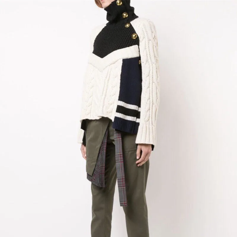 Роскошный дизайнерский бренд трикотажные пуловеры для женщин Causel водолазка золотые пуговицы контрастный цвет открытый вилка Свободный вязаный свитер