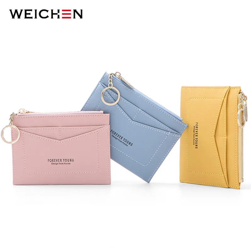 

WEICHEN Slim Key Chain Card Holder Women Leather Bag Small Card Wallets Female Organzier Mini Credit Card Case Zipper Coin Bags