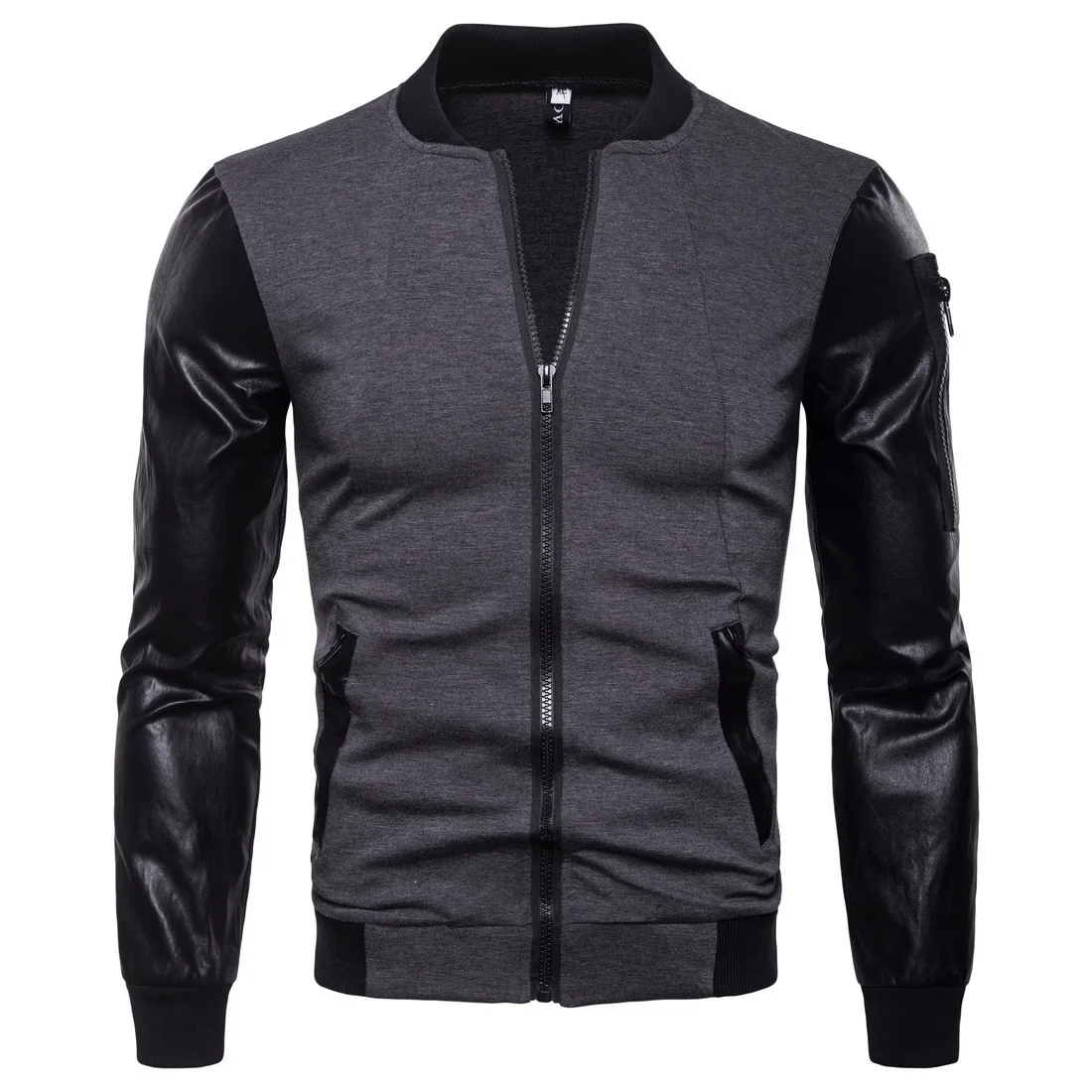 

2018 Spring And Autumn New Style Europe And America Men Classic Stand Collar Cardigan Coat Leather Sleeve Joint Slim Fit Elegant