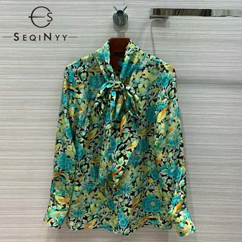 

SEQINYY 100% Silk Shirt 2020 Summer Spring New Fashion Design Women Runway Bow High Quality Green Flowers Print Blouse