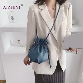 

Ladies Small Pure Color Shoulder Bucket Handbag Women Fashion Casual Drawstring Crossbody Leather Messenger Bag