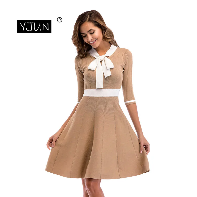 Женское офисное платье с бантом и круглым вырезом повседневное облегающее