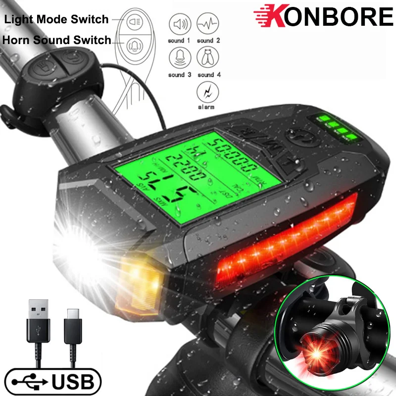 5 In 1 Waterproof Bike Light USB Charge Bicycle With Computer LCD Speedometer Odometer Modes Horn Cycling | Спорт и развлечения
