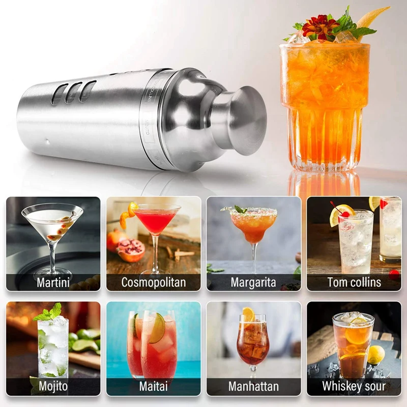 Cocktail Shaker Stainless Steel 24Oz Bar Set Kit 3Pcs Cocktail Shakers with Rotation Recipe Guide,Martini Tool Accessories Built