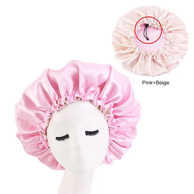 New Solid Women Satin Bonnet Fashion Stain Silky Big Bonnet for Lady Sleep Cap Headwrap Hat Hair Wrap Accessories Wholesale Adjust pink