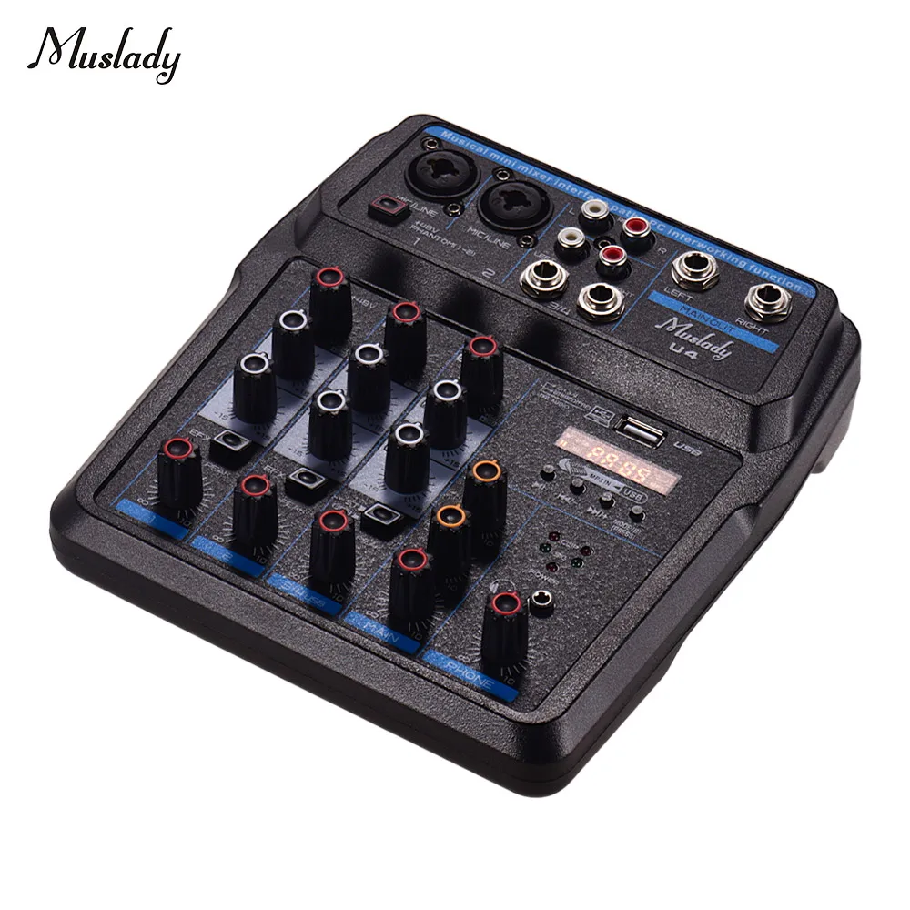 

Muslady U4 Compact Sound Card Mixing Console Digital Audio Mixer BT MP3 USB Input +48V Phantom Power for Music Recording