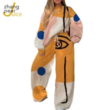 Women Tracksuits Print Long Sleeve Top Long Elastic Waist Pants Two Piece Set Casual Sporty Outfits