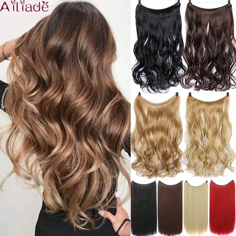 

AILIADE 24 inches Women Invisible Fish Line Hair Extensions Brown Natural Wavy Long High Tempreture Fiber Synthetic Hairpiece