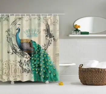 

Vintage Colorful Peacock Pattern Digital Print Shower Curtains for Bathroom,Polyester Waterproof Fabric Bath Curtain with 12