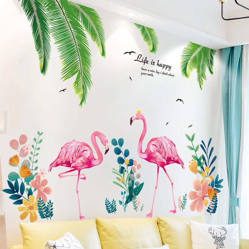 Palm Tree Leaves Wall Stickers DIY Flamingo Animal Mural Decals for Living Room Baby Bedroom Nursery Kitchen Home Decoration | Дом и сад