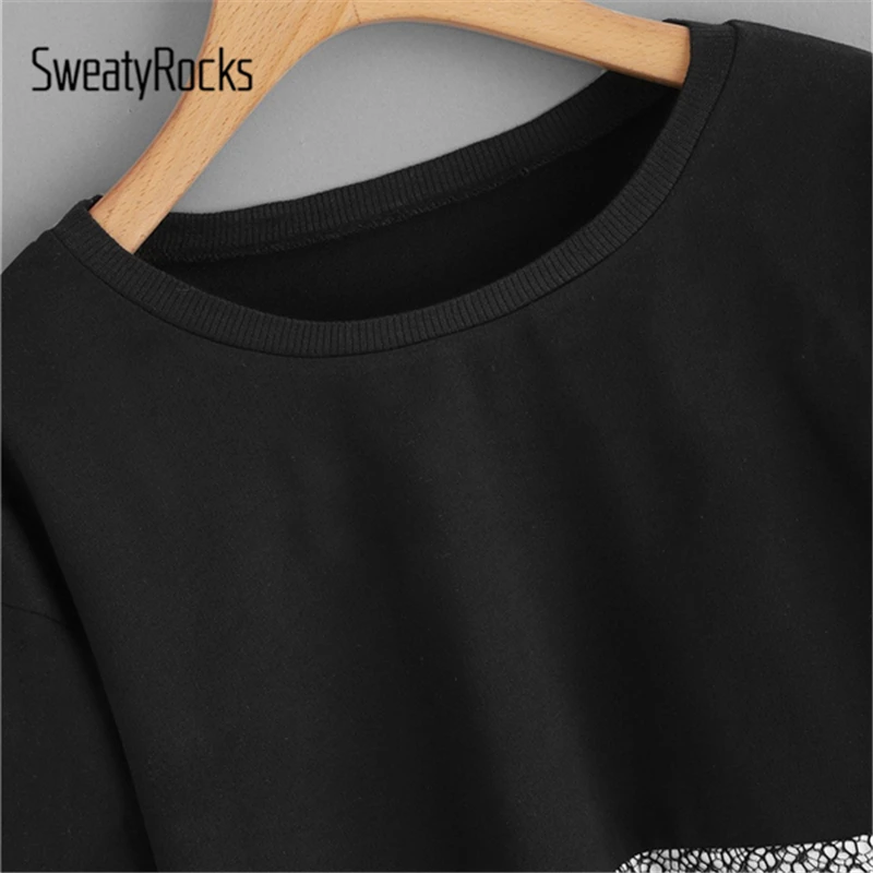 Свитер SweatyRocks с контрастным кружевом и цветными блоками, осень, черно-белые пуловеры, повседневные толстовки для отдыха