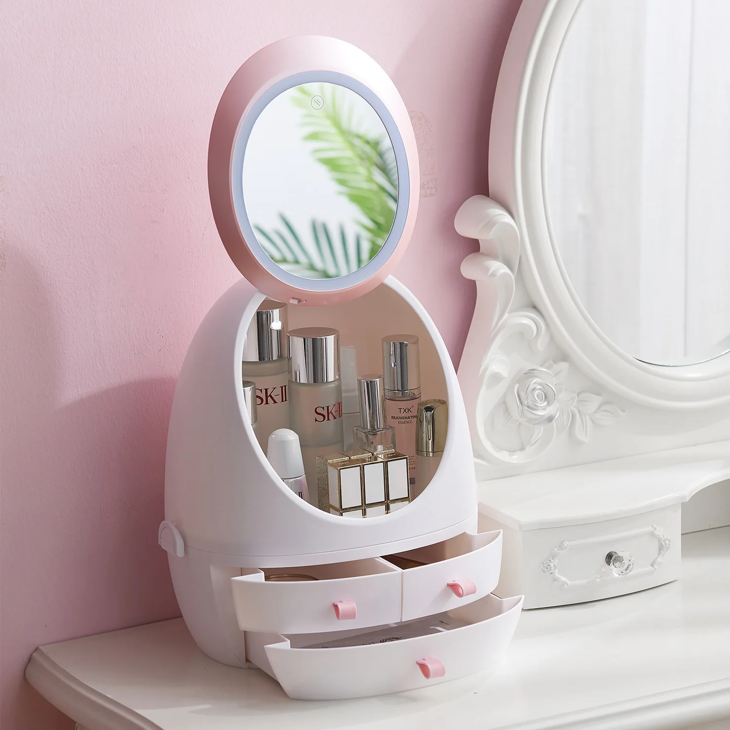

USB Rechargeable Makeup Organizer Case Cosmetic Storage Box Jewelry Container Dust Proof Drawer Waterproof Mirror LED Fill Light