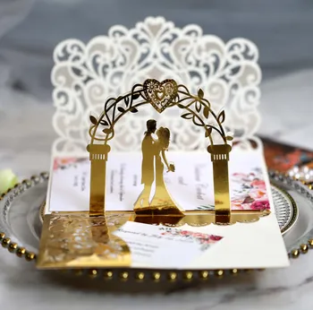 

3D Pop Up Bride And Groom White Wedding Invitation Card Laser Cut Pocket Floral Engagement Invitations