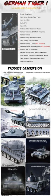 1/16 2.4ghz Heng Long 7.0 Plastic Ver German Tiger I Rc Tank 3818 