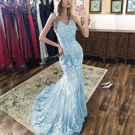 Paghetti Strap Mermaid Evening Dress Sweetheart  Vestido de noiva Zipper or Lace Up Summer Dress High Quality Lace Party Gowns Sky Blue