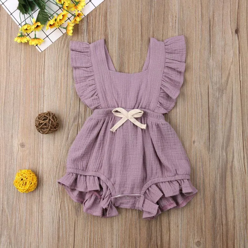 2020 Baby Summer Clothing Newborn Toddler Kids Ruffle Solid Bow Romper Backcross Linen Jumpsuit Bebe Outfits Clothes 6-24M