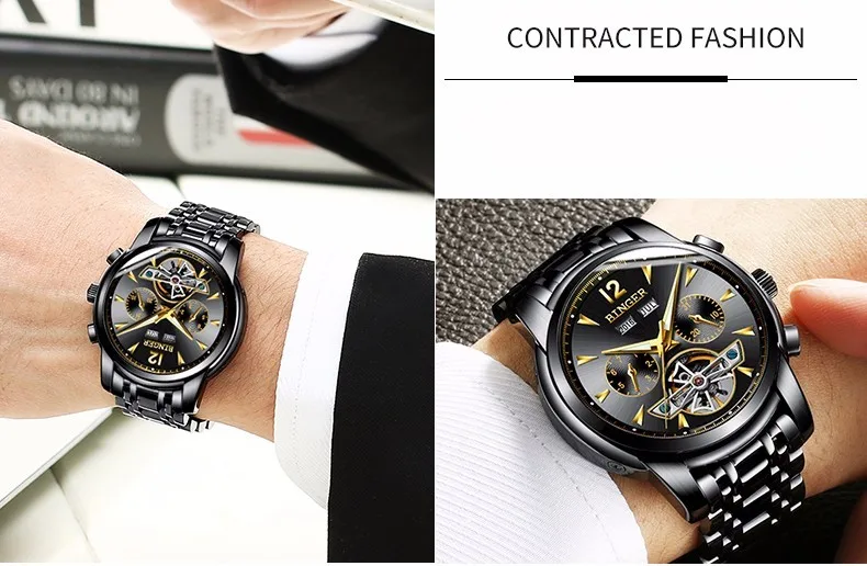 Швейцарские мужские часы Бингер с полным календарем, турбийон, сапфир, несколько функций, водонепроницаемые механические наручные часы B8608M7
