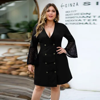 

Women's Office Ladies Plus Size V-neck Lace Stitching Flare Sleeve Double-Breasted Suit Dress Mini Dress Free Ship платье Z4