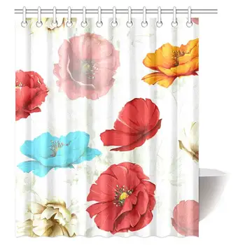

Floral Shower Curtain, Different Colored Poppy Flowers Spring Floral Seasonal Romantic Artistic Theme Fabric Bathroom Shower
