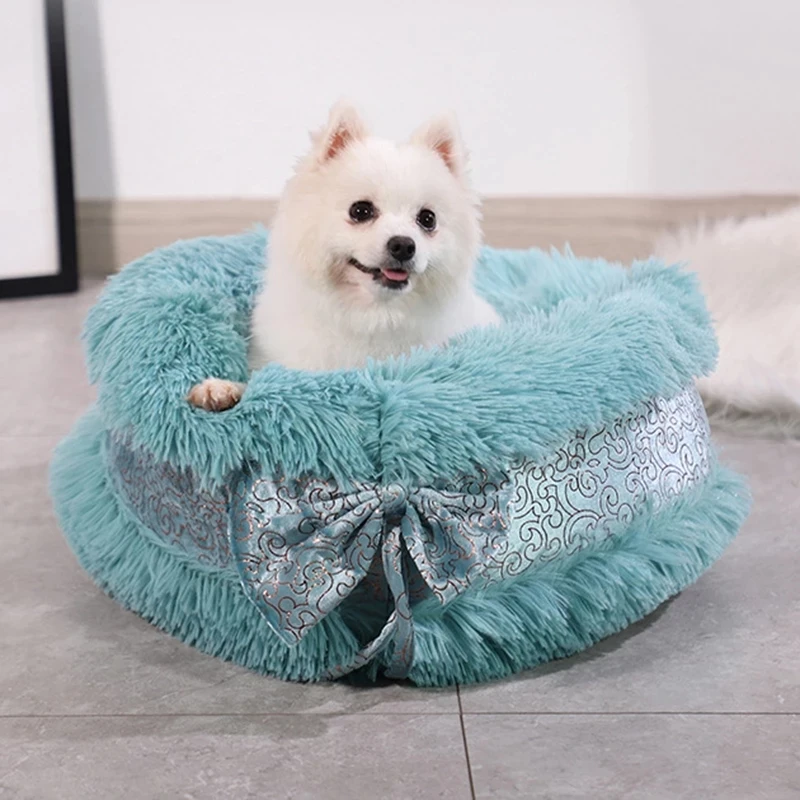 Long Plush Super Soft Dogs Beds With Bow Pet Kennel Lounger Fluffy Cat House Winter Warm Sofa