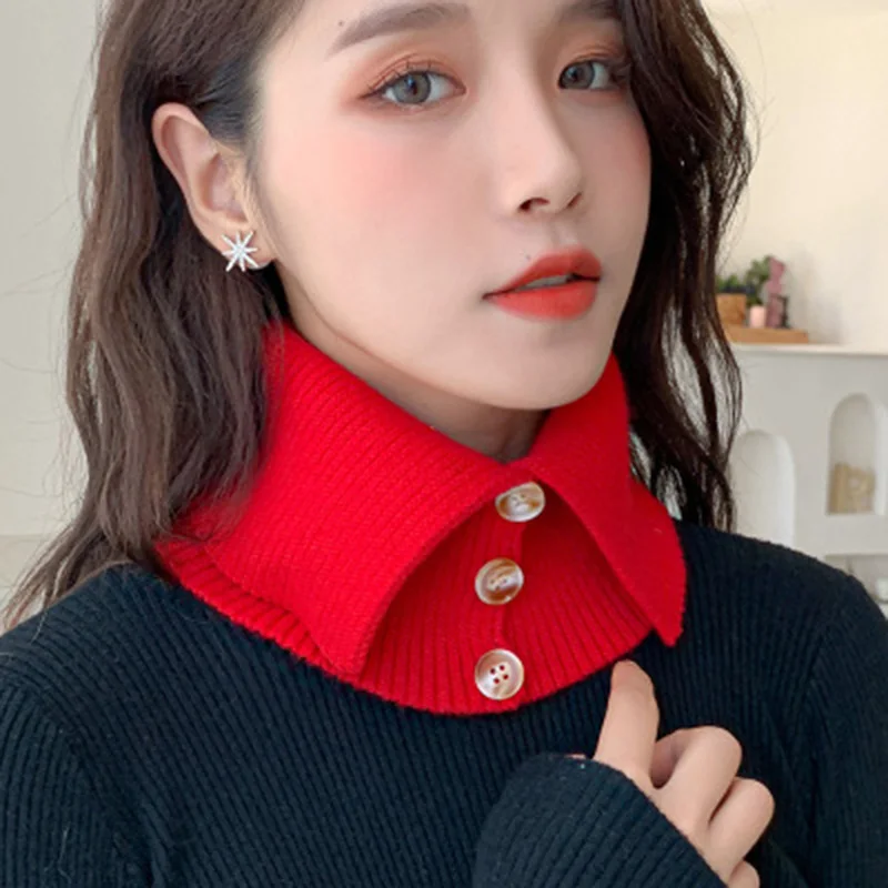 Fashion Wool Knit Windproof Warm Scarf Winter Thick Elastic Button Soft False Collar Neck Guard Scarves Women Bib Pullover O24