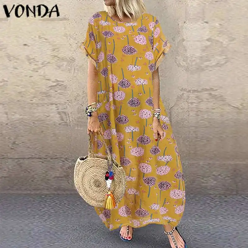 VONDA/Летнее Длинное платье в винтажном стиле с принтом; повседневное богемное платье с круглым вырезом и короткими рукавами для беременных; свободные пляжные сарафаны; вечерние платья