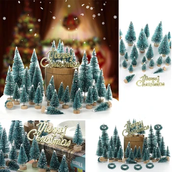 

Model Artificial Mini Christmas Tree Frosted Sisal Wood Base Pine Tree