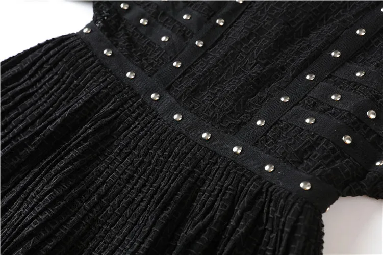 Женское черное кружевное платье высокого качества с заклепками и бусинами, плиссированное платье до колена с длинным рукавом и высокой талией