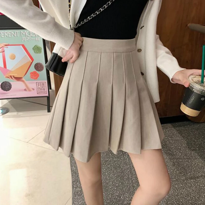Minifalda plisada de estilo Retro para mujer, corta de cintura alta, color caqui, para y otoño - AliExpress