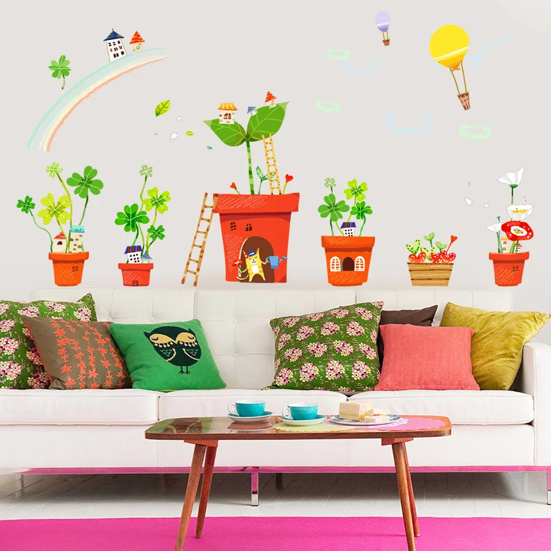PVC Removable Wall Stickers Potted Plant Cute Plant Flowers Stickers Living Room Showcase CHILDREN'S Room Decorative Stickers 72
