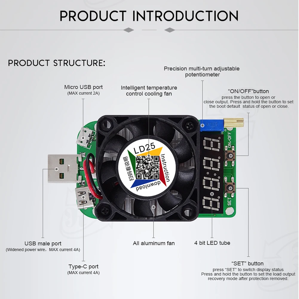 LD25 LD35 USB интерфейс электронный нагрузочный резистор разрядка батареи тест светодиодный дисплей вентилятор регулируемое измерение напряжения тока 25 Вт