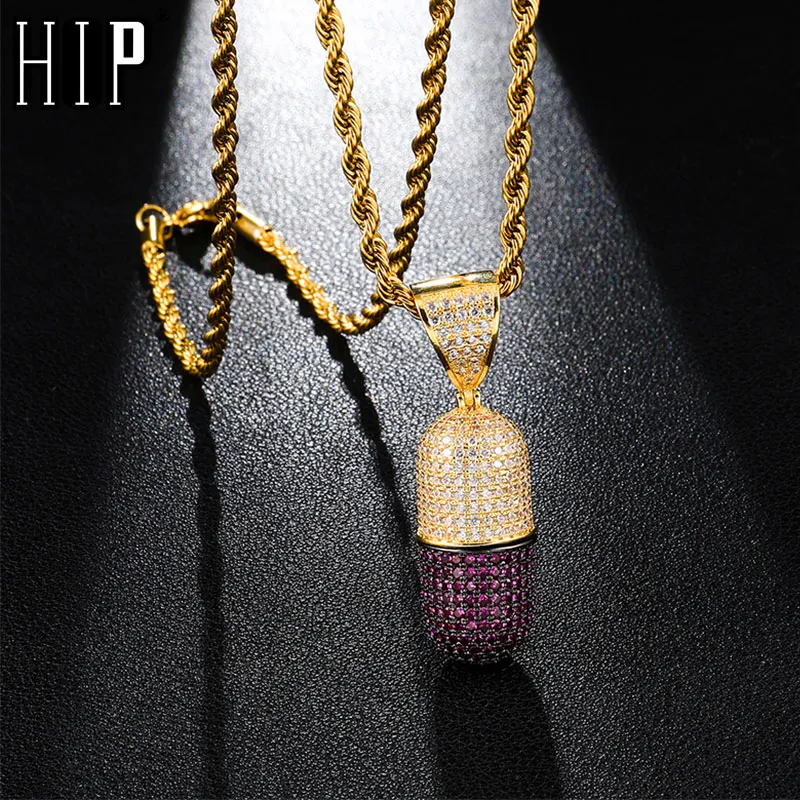 

Hip Hop Iced Out Pill Necklace Can Open Capsules Copper Cubic Zircon Pendant & Necklace For Men Jewelry With Tennis Chain