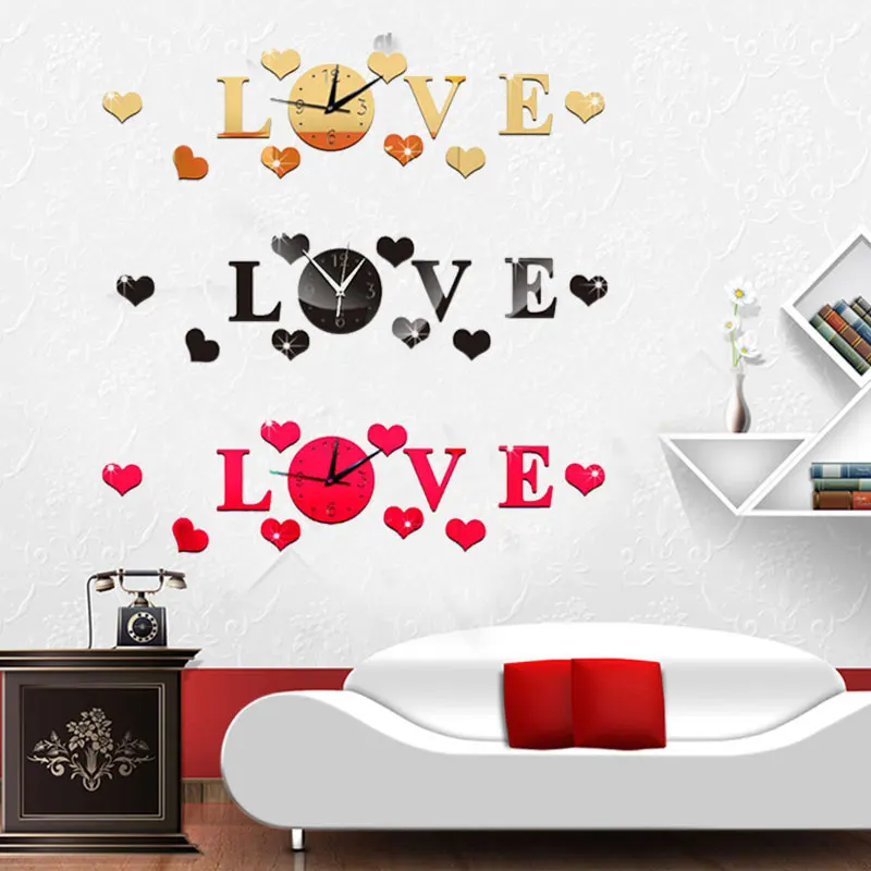 

3D Mirror Stickers Wall Clock LOVE Decals Removable Home Bedroom Decoration
