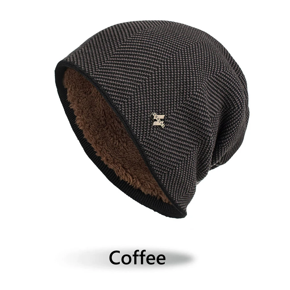 coffee Высококачественная мужская вязаная шапка из плотного флиса, мужские зимние теплые повседневные шапочки Skullies из хлопка и шерсти, уличная одноцветная шапка Gorros - Цвет: coffee