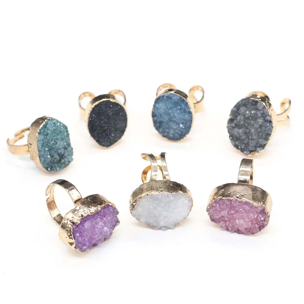 Natural Druzy Agates Rings Diamon-Studded Open Finger Rings Irregular Charm for Women Men Party Wedding Jewelry