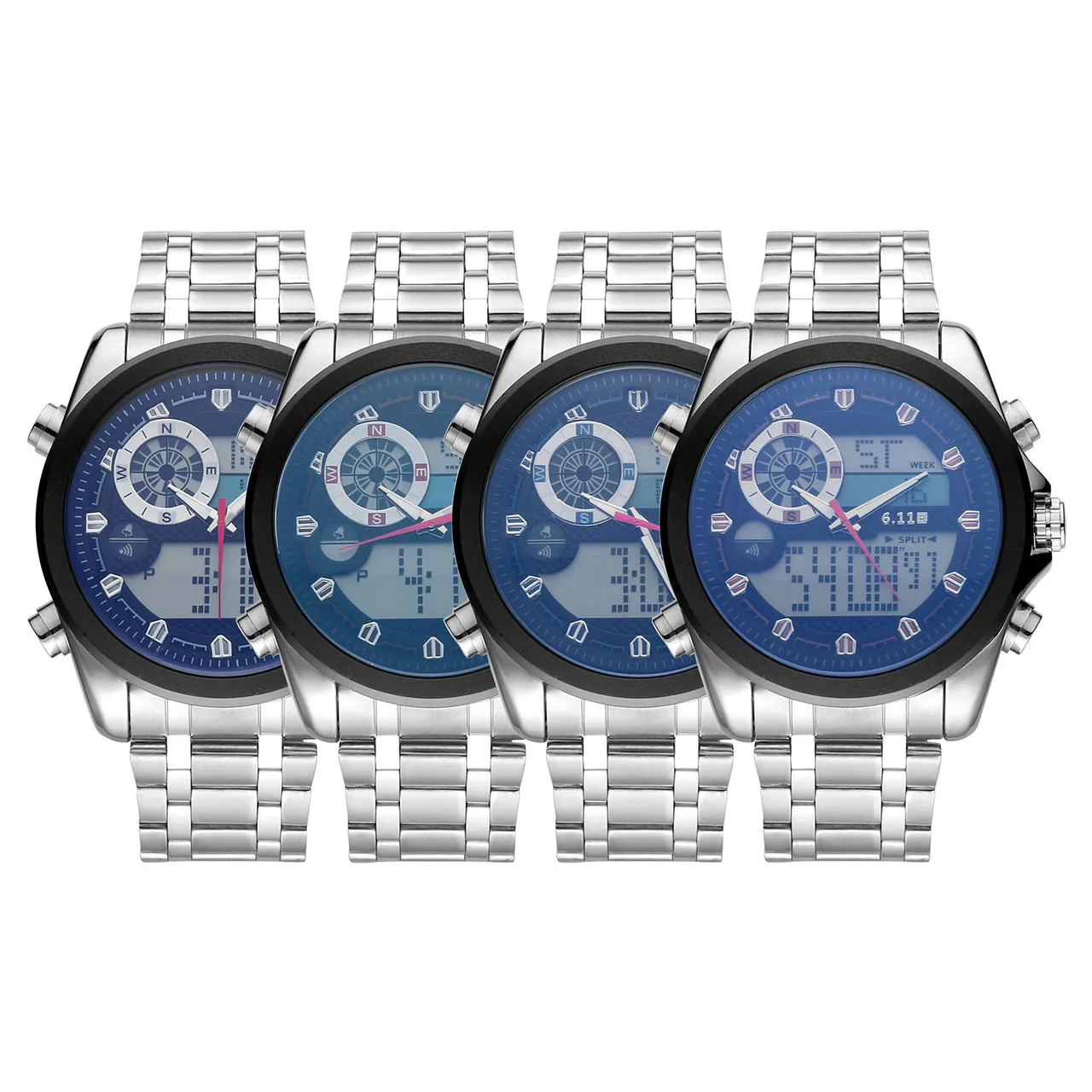 

Export 611 Date Seconds Waterproof Night Light Dual Display Steel Belt Watch