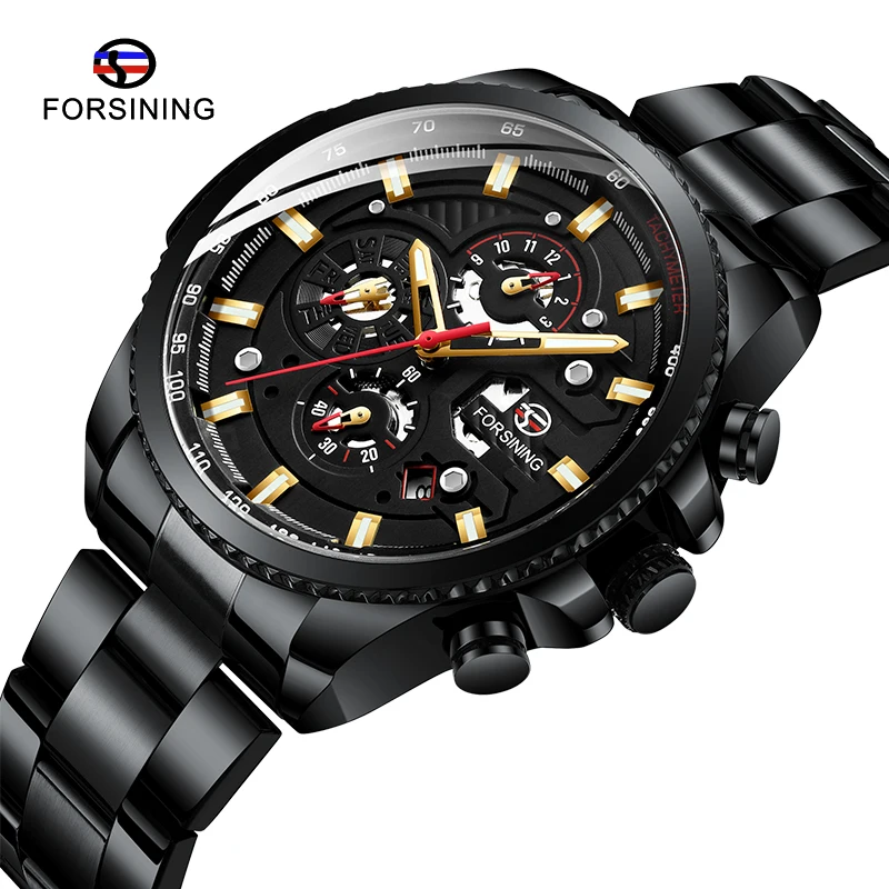 

New FORSINING Brand Men Watch Automatic Mechanical Watch 3 Sub Dial Date Stainless Steel Skeleton Waterproof Wristwatches