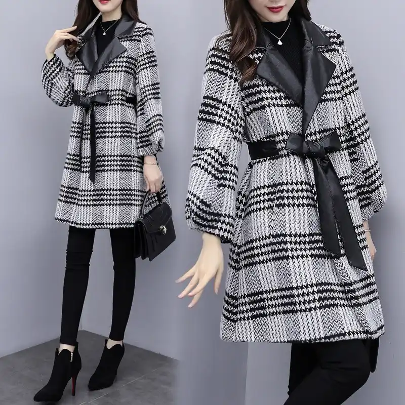 Kpop feminino roupas retro jaqueta de lã feminino xadrez casacos de lã moda cinto elegante das mulheres de alta qualidade outerwear|Lã e mistura| - AliExpress