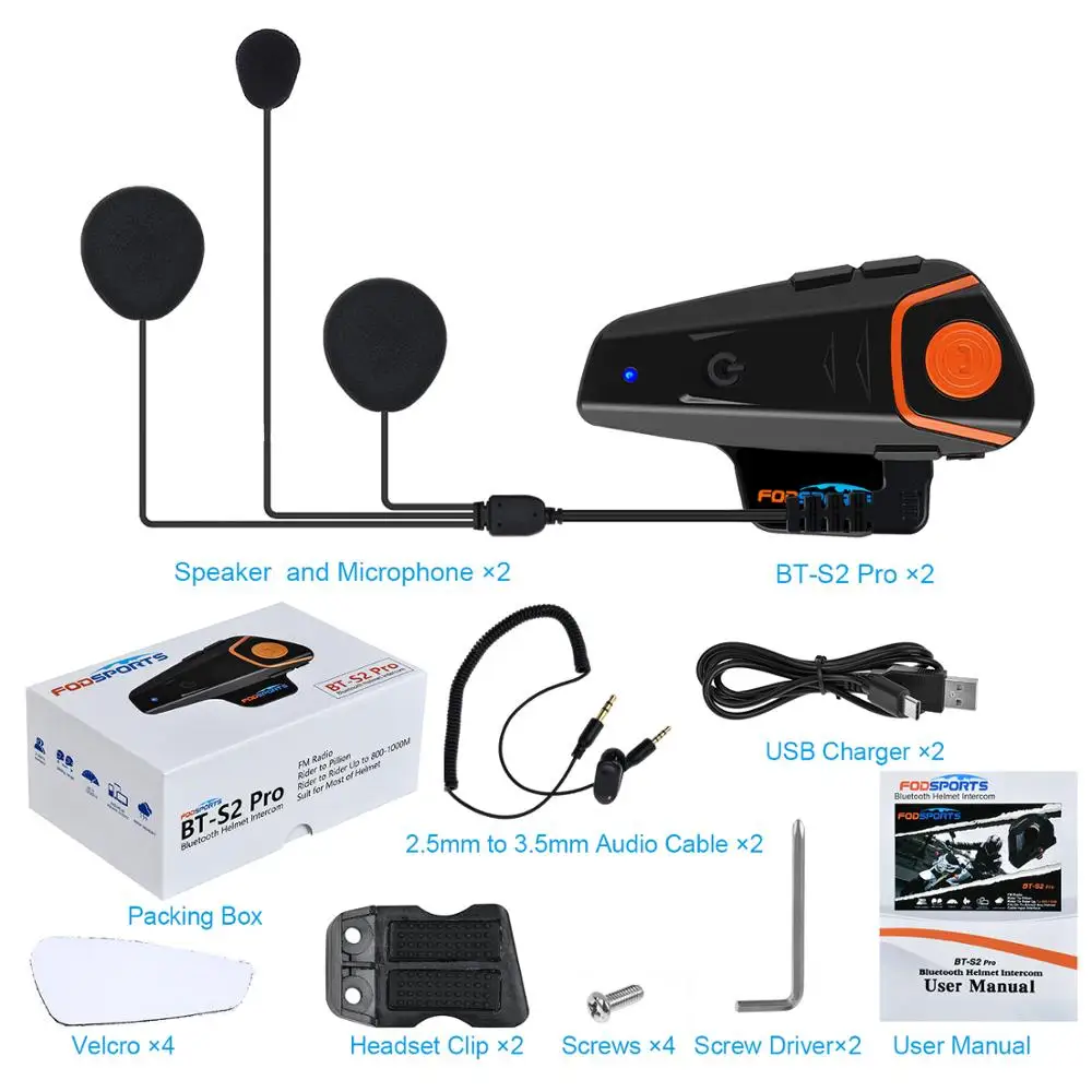 Fodsports BT-S2 Pro moto rcycle Интерком 1000 м Мото шлем гарнитура Водонепроницаемый IPX6 BT Interphone FM интерфейс тип-c