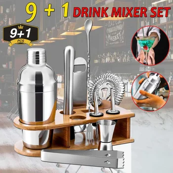 

Mojito Cocktail Bar Shaker Mixer Maker Ice Tong Muddler Barware Stainless Steel Bar Sets Bartender Tools with bamboo Rack 10pcs