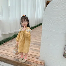 Baby Girls Plaid Dress Korean Style Autumn New Chic Children Princess Dresses Lace Collar Robe Toddlers Kids Clothes