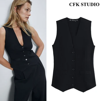 

Za 2020 Women Sweater Vest with Pocket Button Solid Knitted Pullover Femme Spring Autumn Casual Vest Top