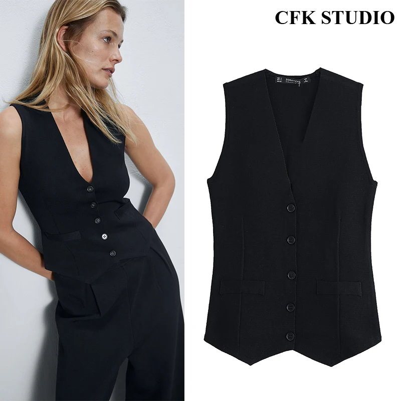 Женский вязаный жилет на пуговицах Za однотонный Повседневный пуловер с